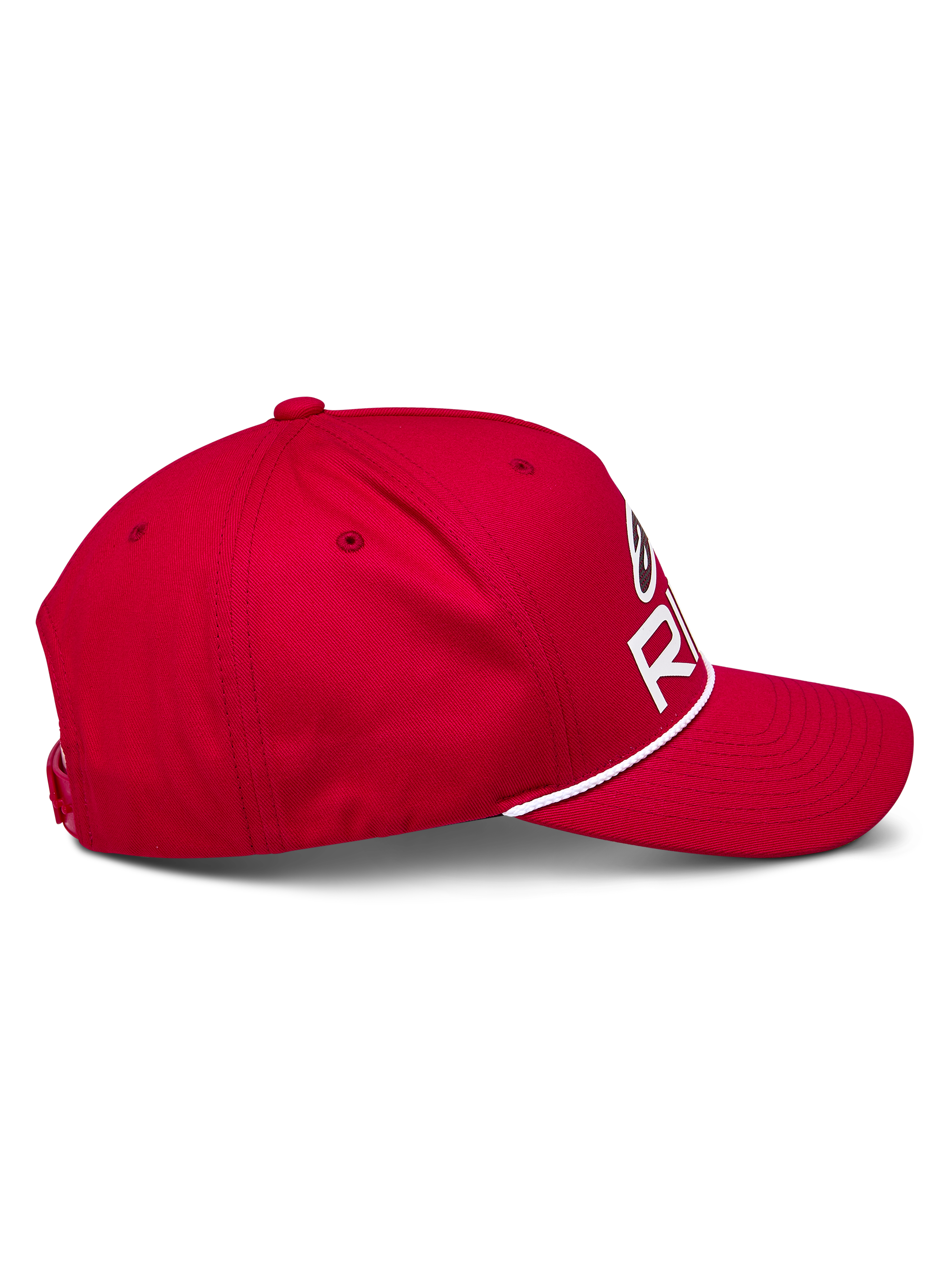 Alpinestars Ride Comp Snapback Kappe, Rot, Seitenansicht, gebogener Schirm mit weißem geflochtenem Seilbesatz, strukturierte Krone mit weißem Astars Ride Logo, lässige Motorsport-Kopfbedeckung