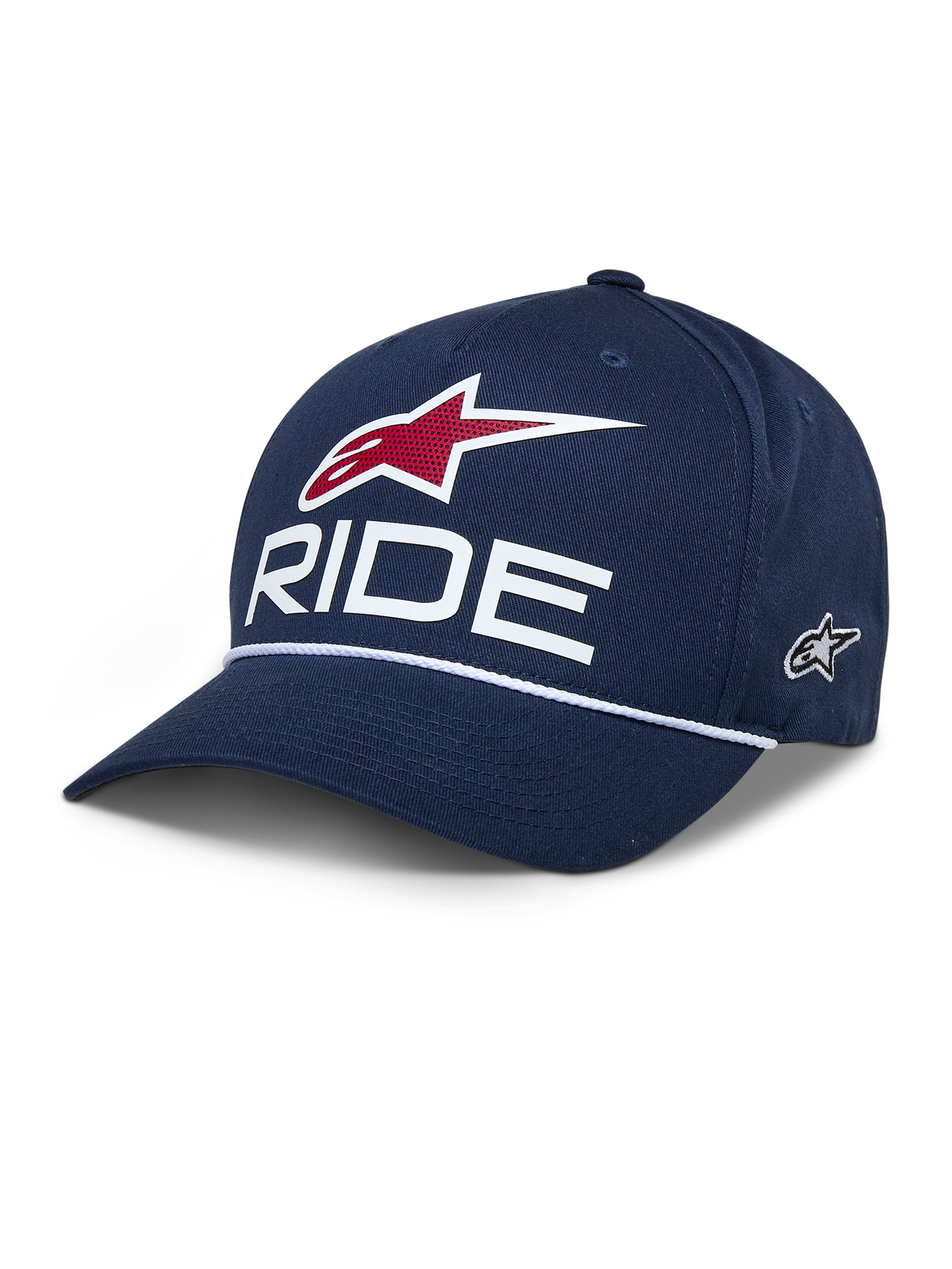 Alpinestars Ride Comp Snapback Hat, Navy Blue Baseball Cap, White RIDE and Red Star Logo, Curved Brim with White Braided Rope, Casual Motorsport Headwear