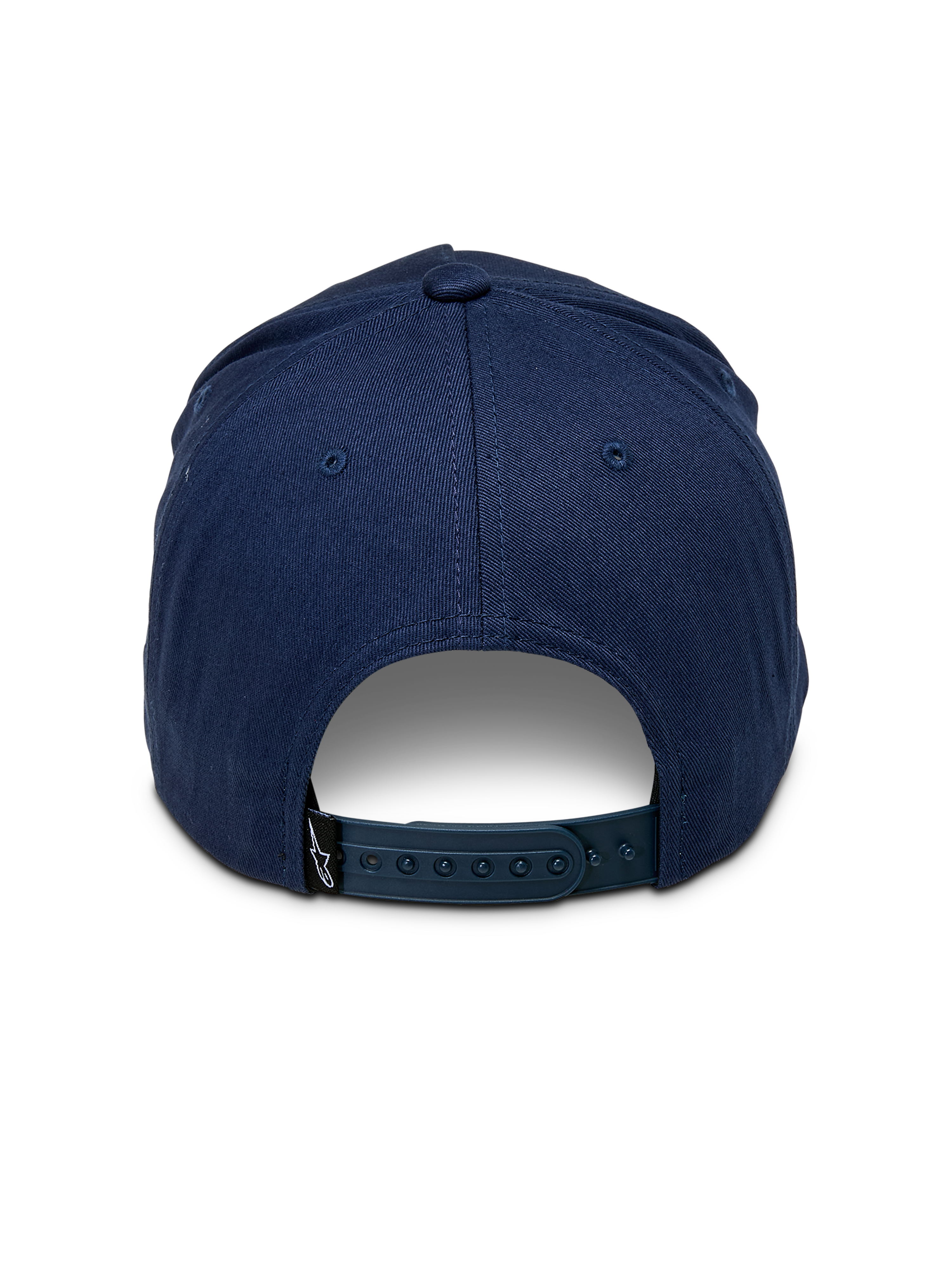 Alpinestars Ride Comp Snapback Hat, Navy Blue, rear view showing adjustable plastic snapback closure, small black logo tag, structured cotton twill crown, casual motorsport-inspired headwear