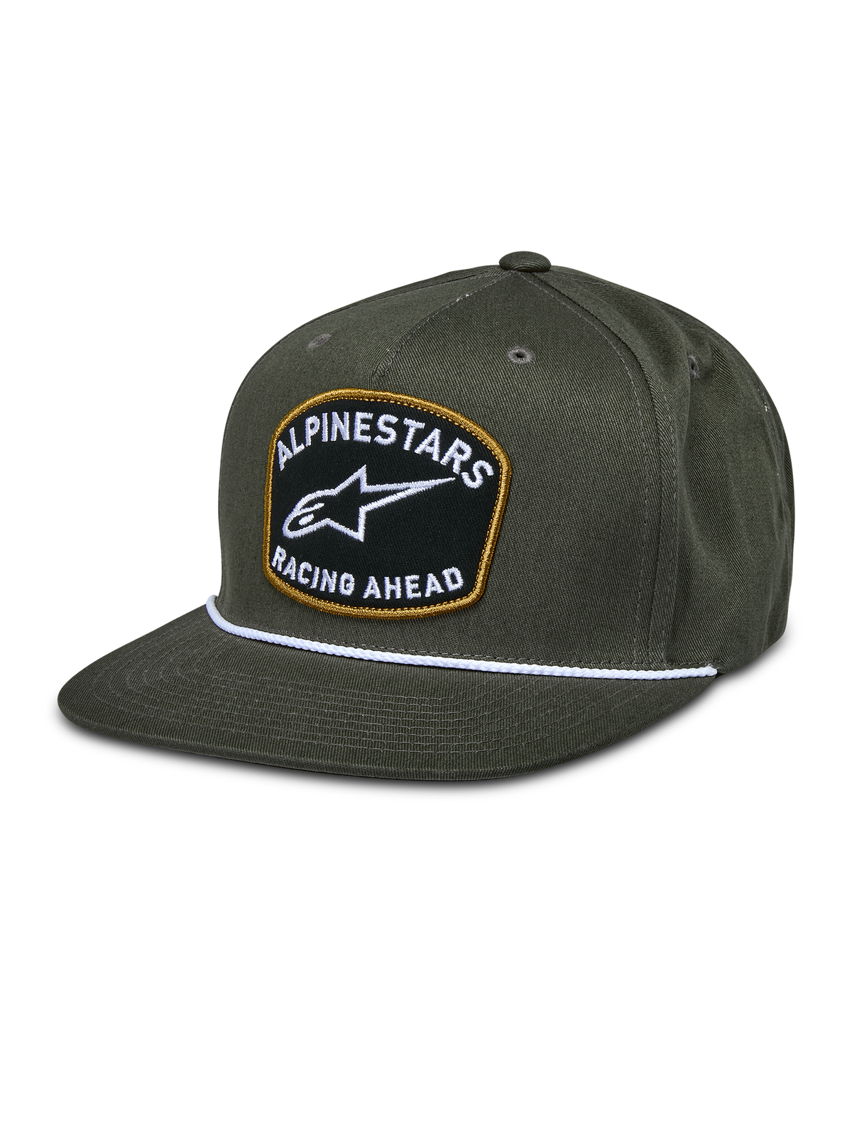 Alpinestars Promptus Snapback Hat, Military Green, Flat Bill with White Braided Rope Detail, Black Embroidered Patch with Gold Outline, White ALPINESTARS RACING AHEAD Logo, Casual Motorsport Lifestyle Headwear