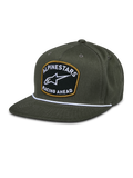 Alpinestars Promptus Snapback Hat, Military Green, Flat Bill with White Braided Rope Detail, Black Embroidered Patch with Gold Outline, White ALPINESTARS RACING AHEAD Logo, Casual Motorsport Lifestyle Headwear