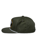 Alpinestars Promptus Snapback Hat, Military Green, side view showing the structured crown and flat bill, featuring a white braided rope detail and a front embroidered logo patch, cotton twill casual headwear