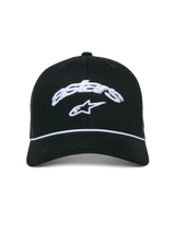 Alpinestars Agree Trucker Hat, Black, structured crown with curved bill, white embroidered Astars curved logo and star, white braided rope detail, breathable mesh back, casual motorsport-inspired headwear