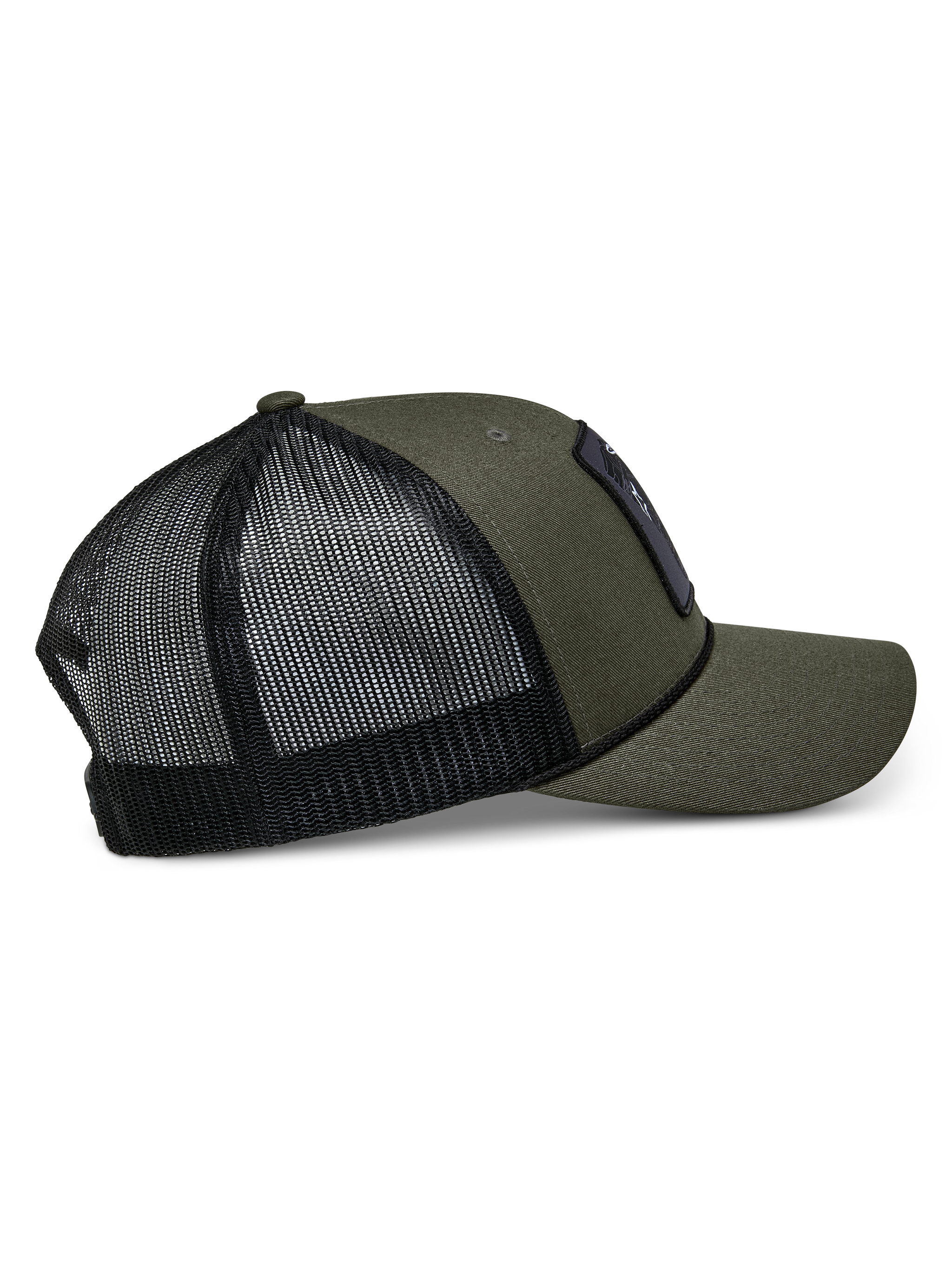 Alpinestars Booted Trucker Hat, Military Green with Black mesh back, side view showing curved bill and braided rope trim, casual motorsport-inspired headwear