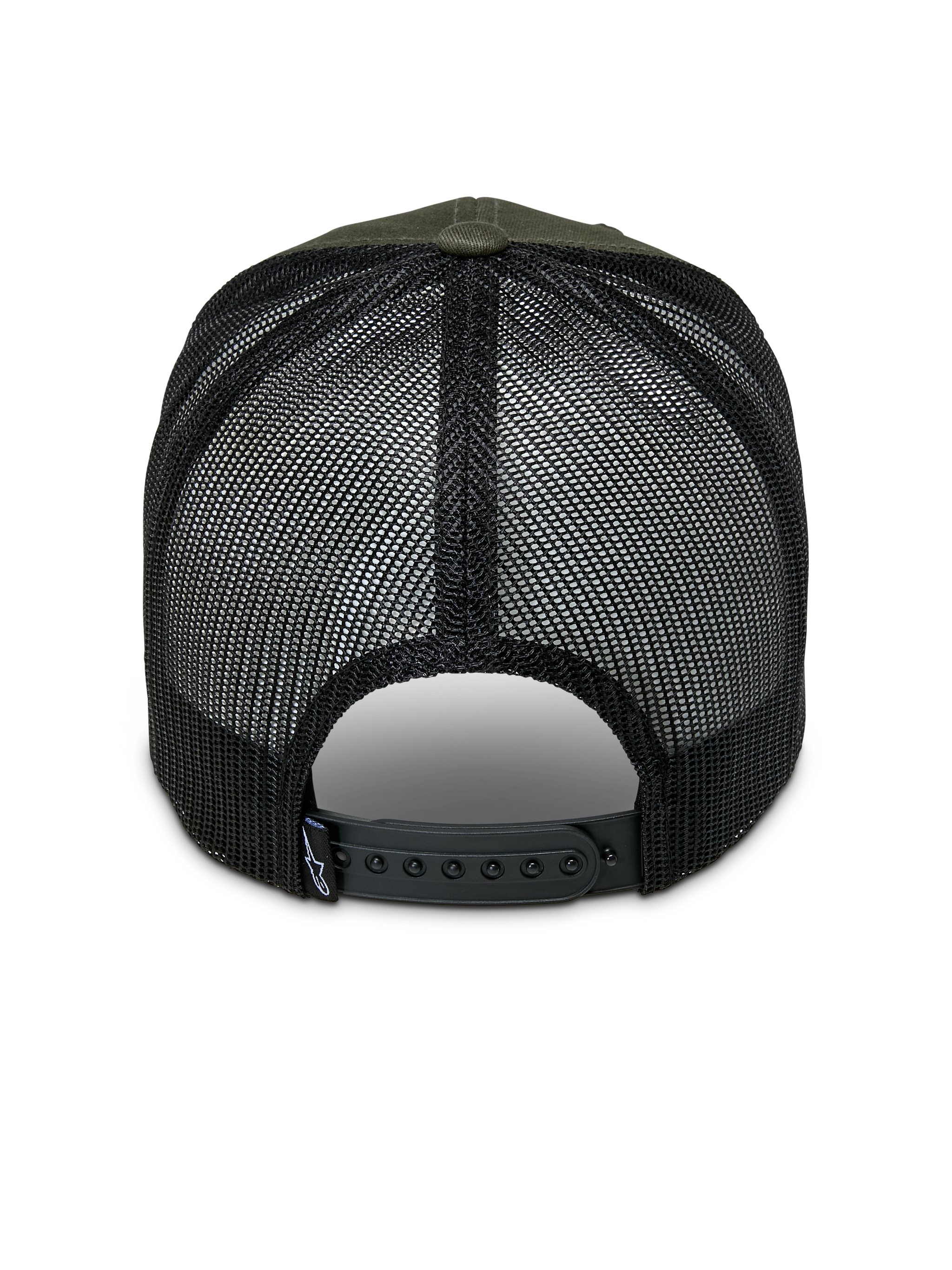 Alpinestars Booted Trucker Hat, Military Green and Black, rear view showing black mesh back and adjustable snapback closure, small Alpinestars logo on back tag, casual motorsport headwear