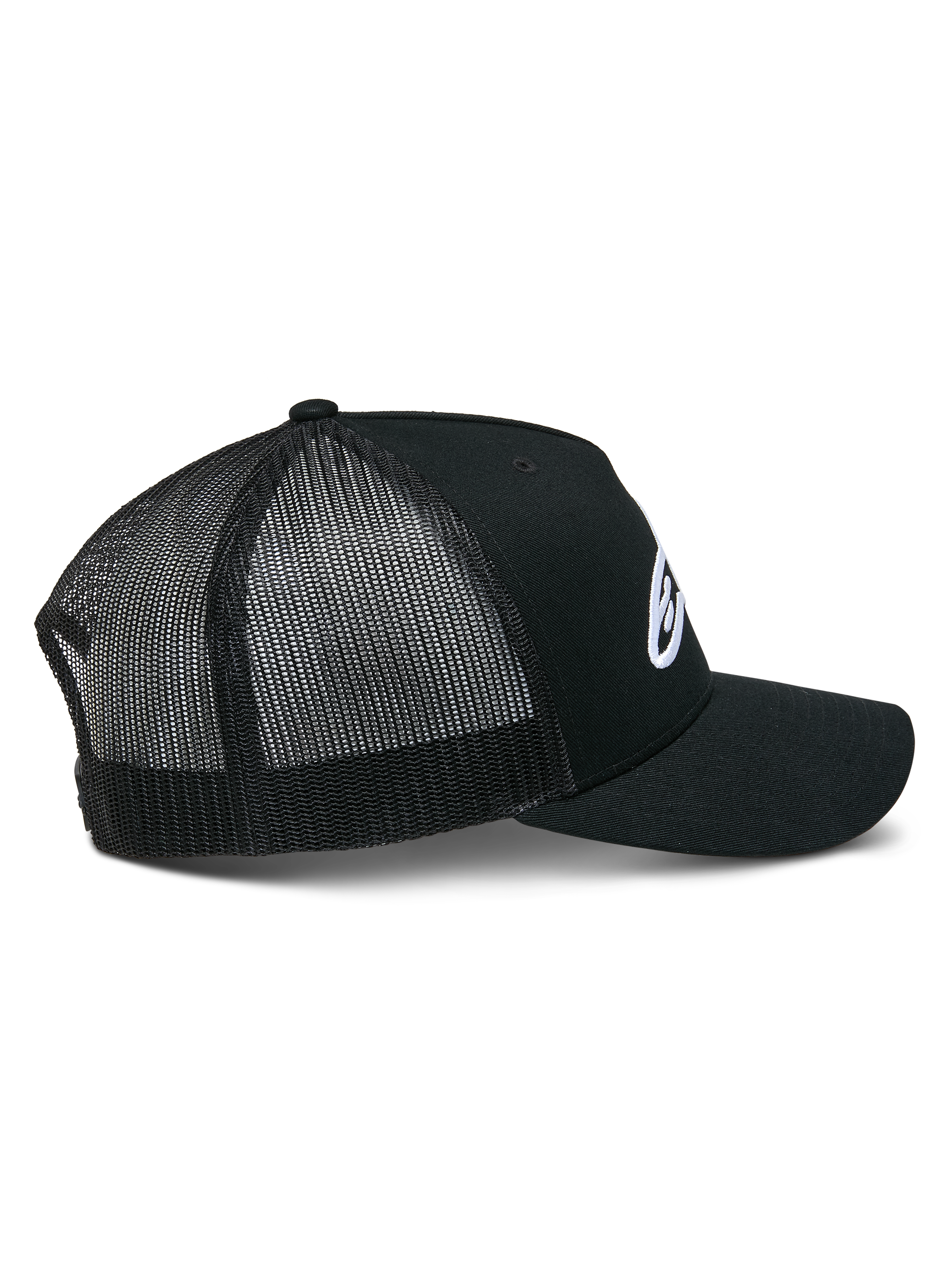 Alpinestars Ageless Trucker Hat, Black, side view showing structured crown and white embroidered Astars logo, curved bill, and breathable black poly mesh back panels.