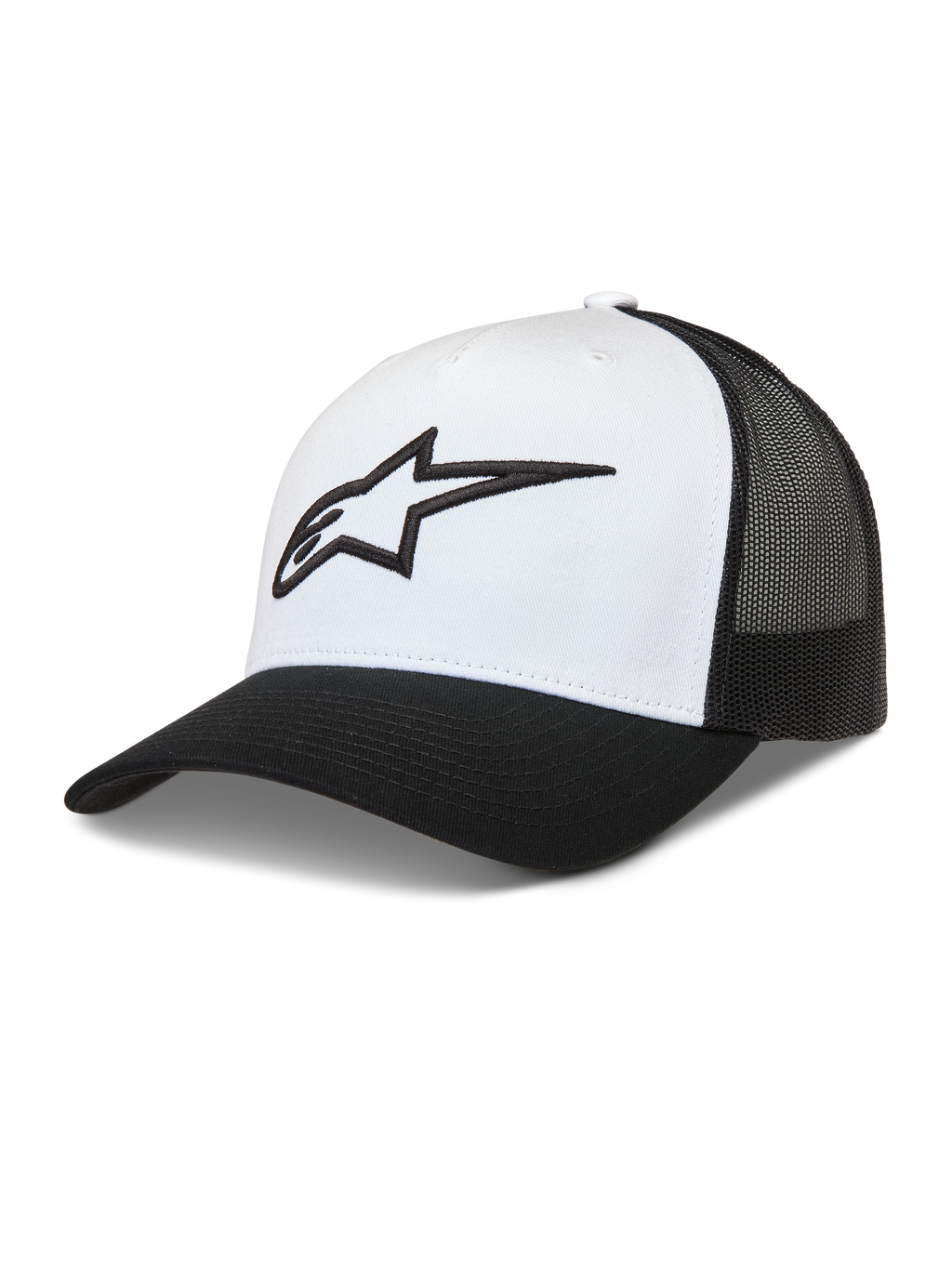 Alpinestars Ageless Snapback Kappe im Trucker-Stil, Weiß und Schwarz, mit Mesh-Rückseite und 3D-Astars-Logo.
