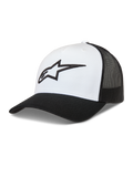 Alpinestars Ageless Snapback Kappe im Trucker-Stil, Weiß und Schwarz, mit Mesh-Rückseite und 3D-Astars-Logo.