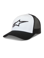 Alpinestars Ageless Snapback Kappe im Trucker-Stil, Weiß und Schwarz, mit Mesh-Rückseite und 3D-Astars-Logo.