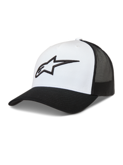 Alpinestars Ageless Snapback Kappe im Trucker-Stil, Weiß und Schwarz, mit Mesh-Rückseite und 3D-Astars-Logo.