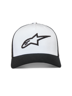 Alpinestars Ageless Snapback Kappe, Sportswear Trucker-Kappe, Weiß und Schwarz, 3D-besticktes Logo, gebogener Schirm.