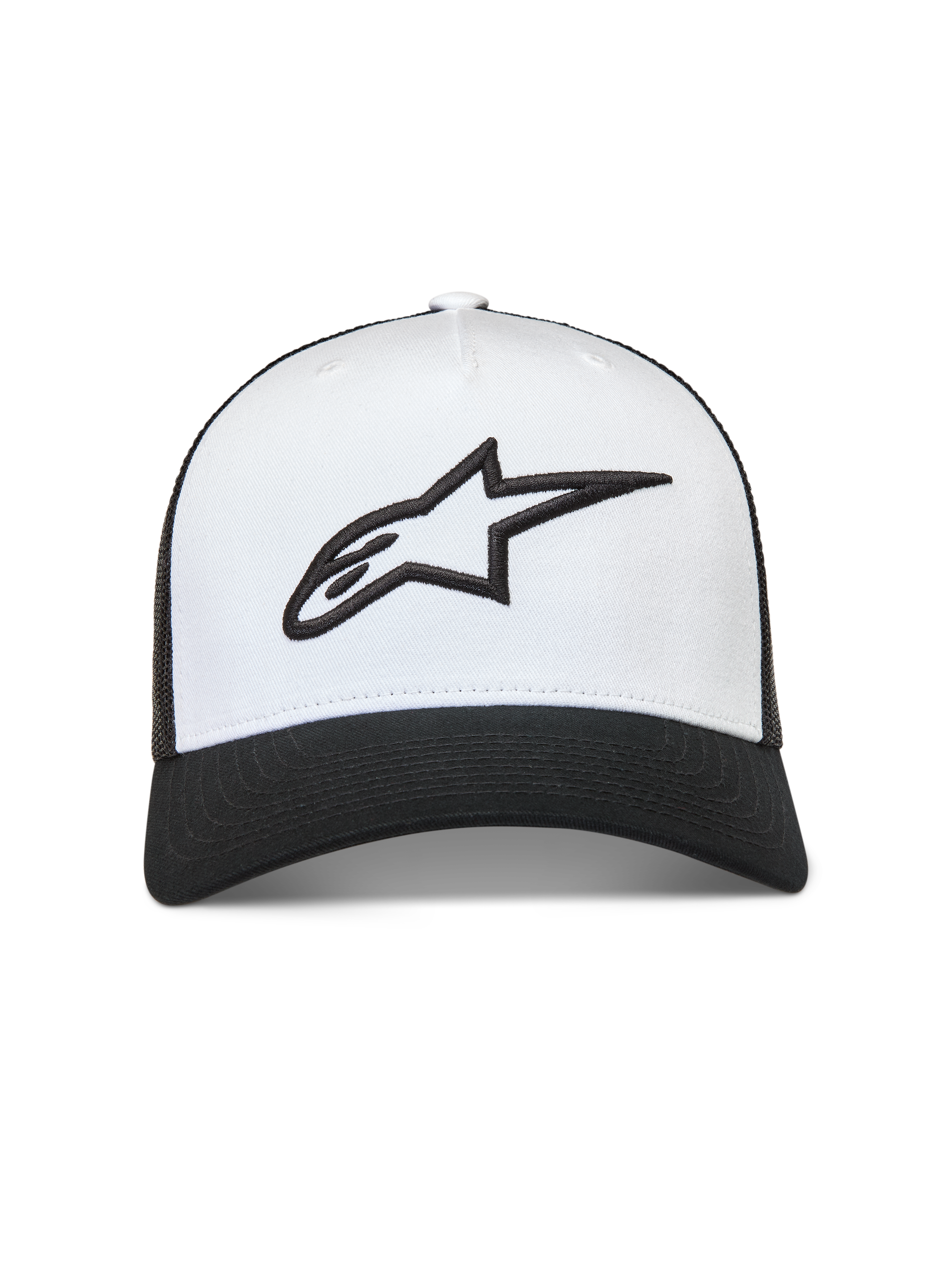 Alpinestars Ageless Snapback Kappe, Sportswear Trucker-Kappe, Weiß und Schwarz, 3D-besticktes Logo, gebogener Schirm.