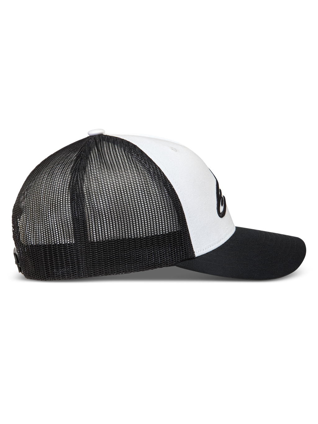 Alpinestars Ageless Snapback Kappe, Sportswear Trucker Cap in Schwarz und Weiß mit Netzgewebe und gebogenem Schirm.