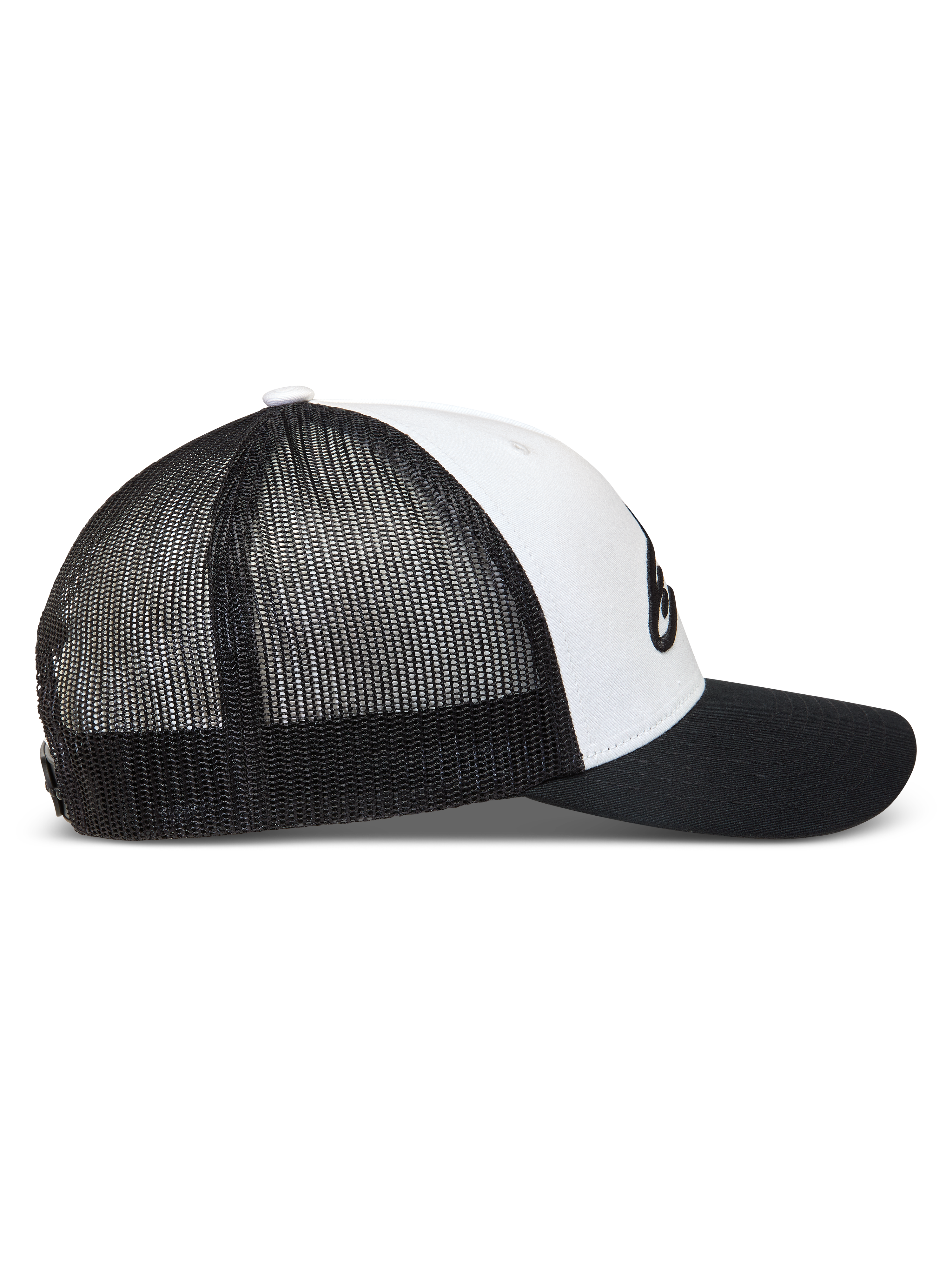 Alpinestars Ageless Snapback Kappe, Sportswear Trucker Cap in Schwarz und Weiß mit Netzgewebe und gebogenem Schirm.