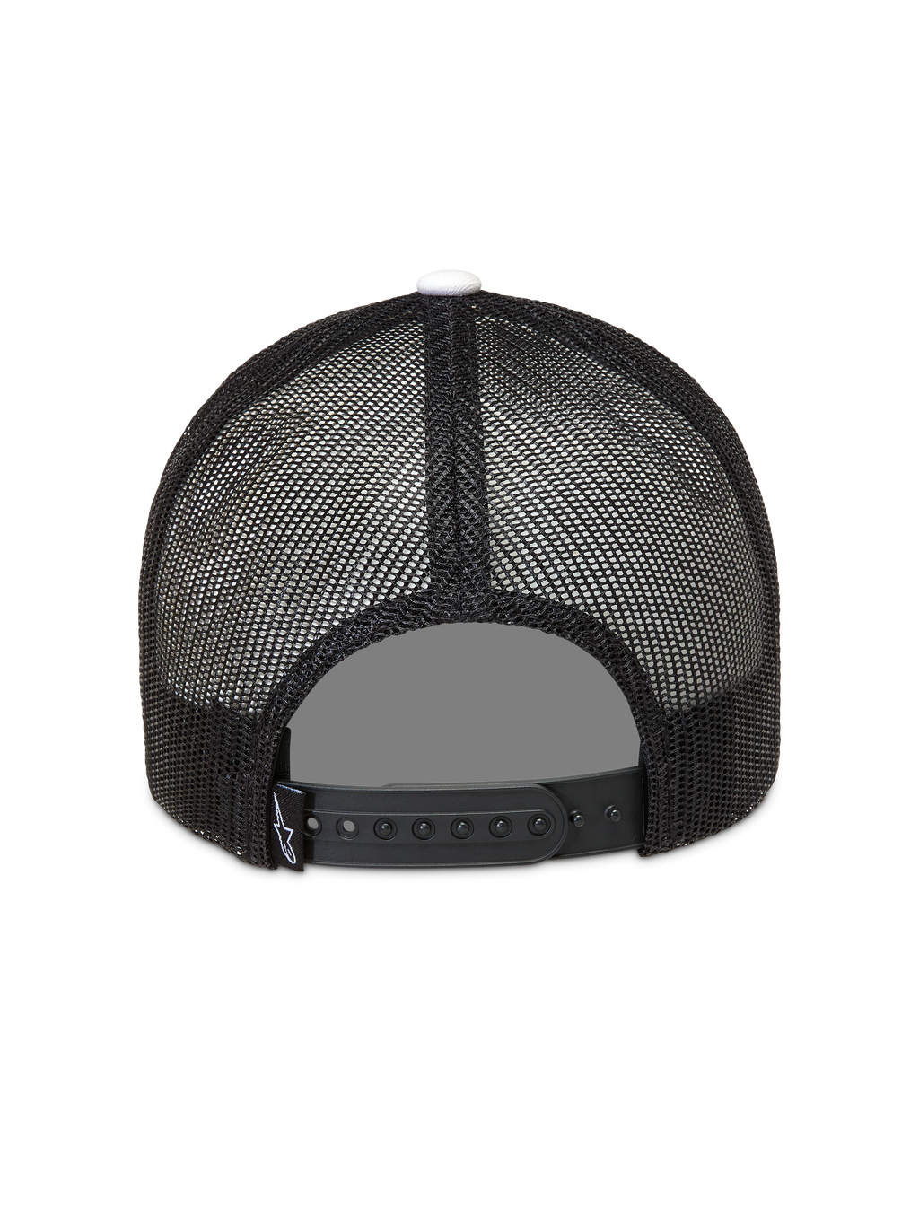 Alpinestars Ageless Snapback Kappe, Rückansicht mit schwarzem Mesh im Trucker-Stil, Snapback-Verschluss und weißem Knopf.