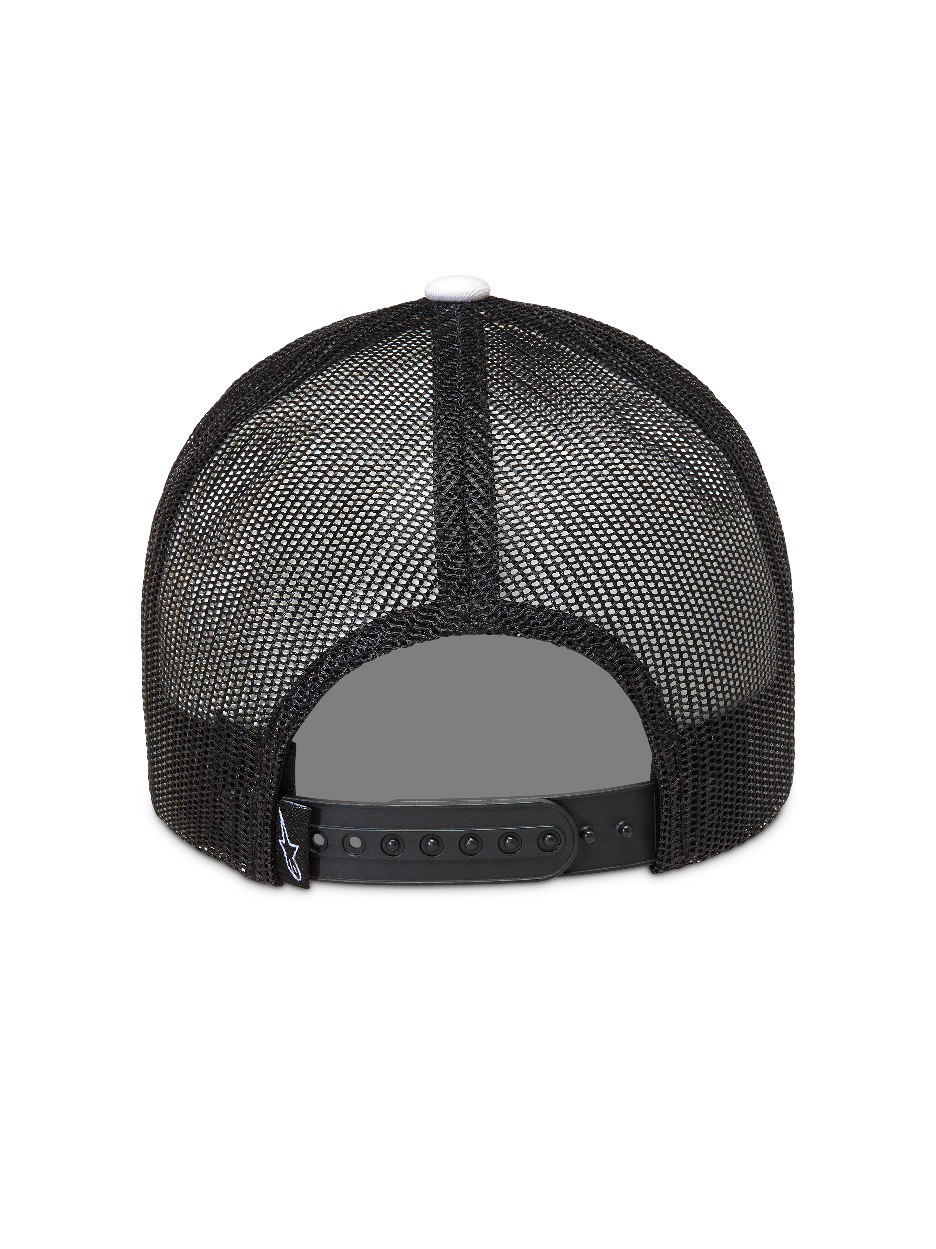 Alpinestars Ageless Snapback Kappe, Rückansicht mit schwarzem Mesh im Trucker-Stil, Snapback-Verschluss und weißem Knopf.