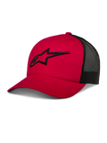 Alpinestars Ageless Trucker Hat, rot-schwarze Baseball-Kappe mit Mesh-Rückseite, gebogener Schirm, 3D-gesticktes schwarzes Astars-Logo, strukturierte Krone, lässige Motorsport-Freizeitkleidung