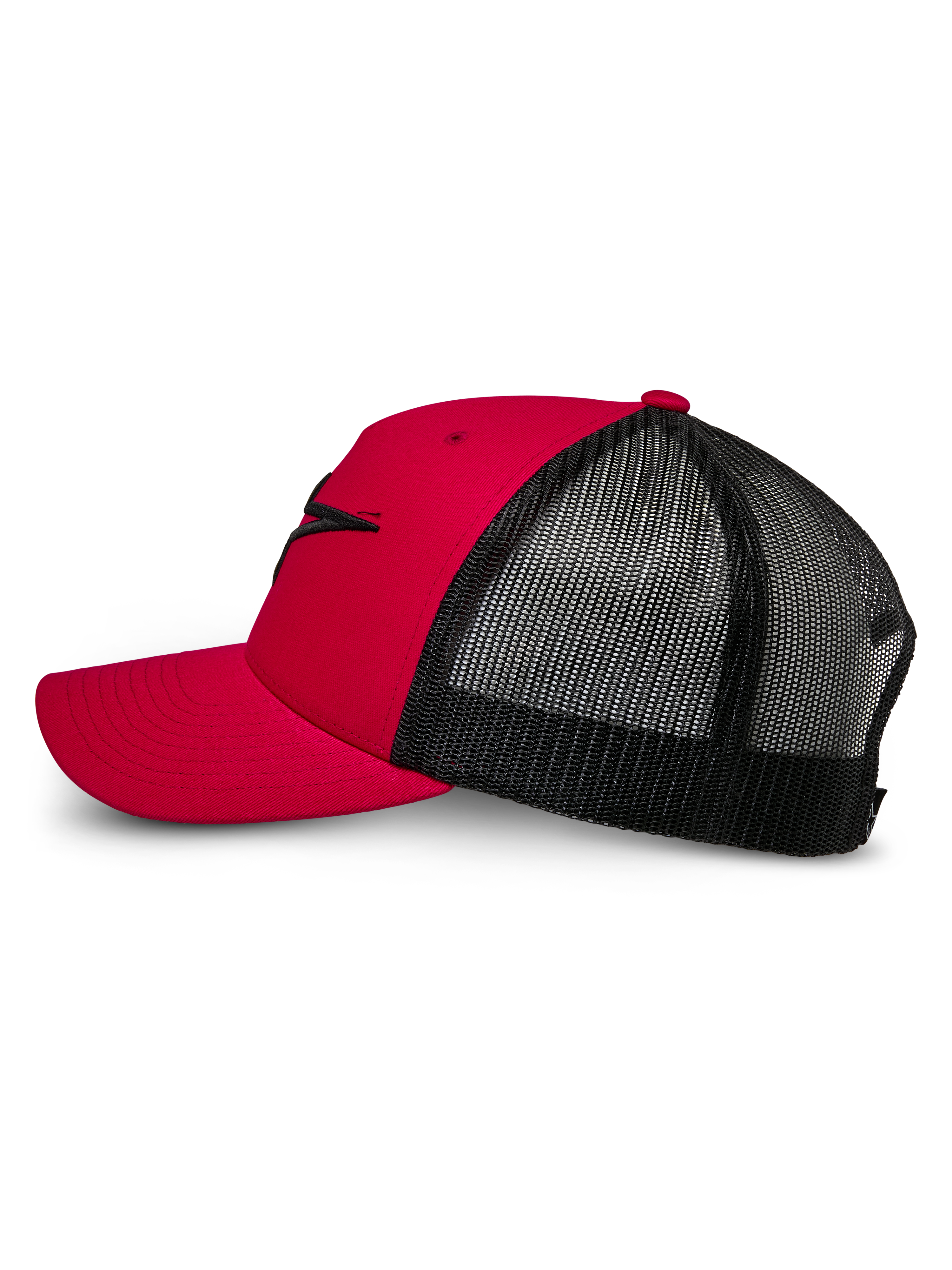 Alpinestars Ageless Trucker-Mütze, Rot und Schwarz, Seitenansicht mit gebogenem Schirm und strukturierter Vorderseite mit schwarzem 3D-gesticktem Astars-Logo, schwarze Mesh-Rückseite für Atmungsaktivität, klassisches, vom Motorsport inspiriertes Design