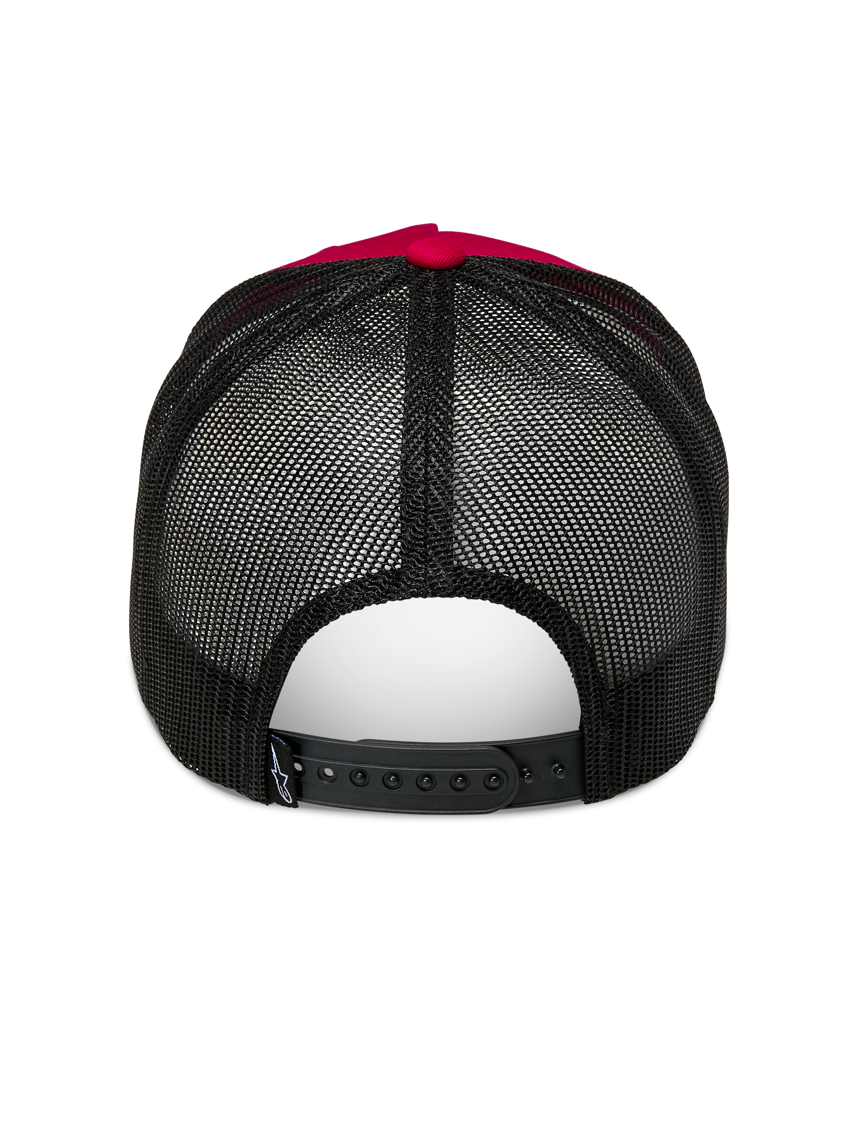 Alpinestars Ageless Trucker-Mütze, Rot und Schwarz, Rückansicht mit schwarzem Poly-Mesh-Rücken und verstellbarem Snapback-Verschluss, roter Knopf oben und Kronendetail, lässige Motorsport-Kopfbedeckung