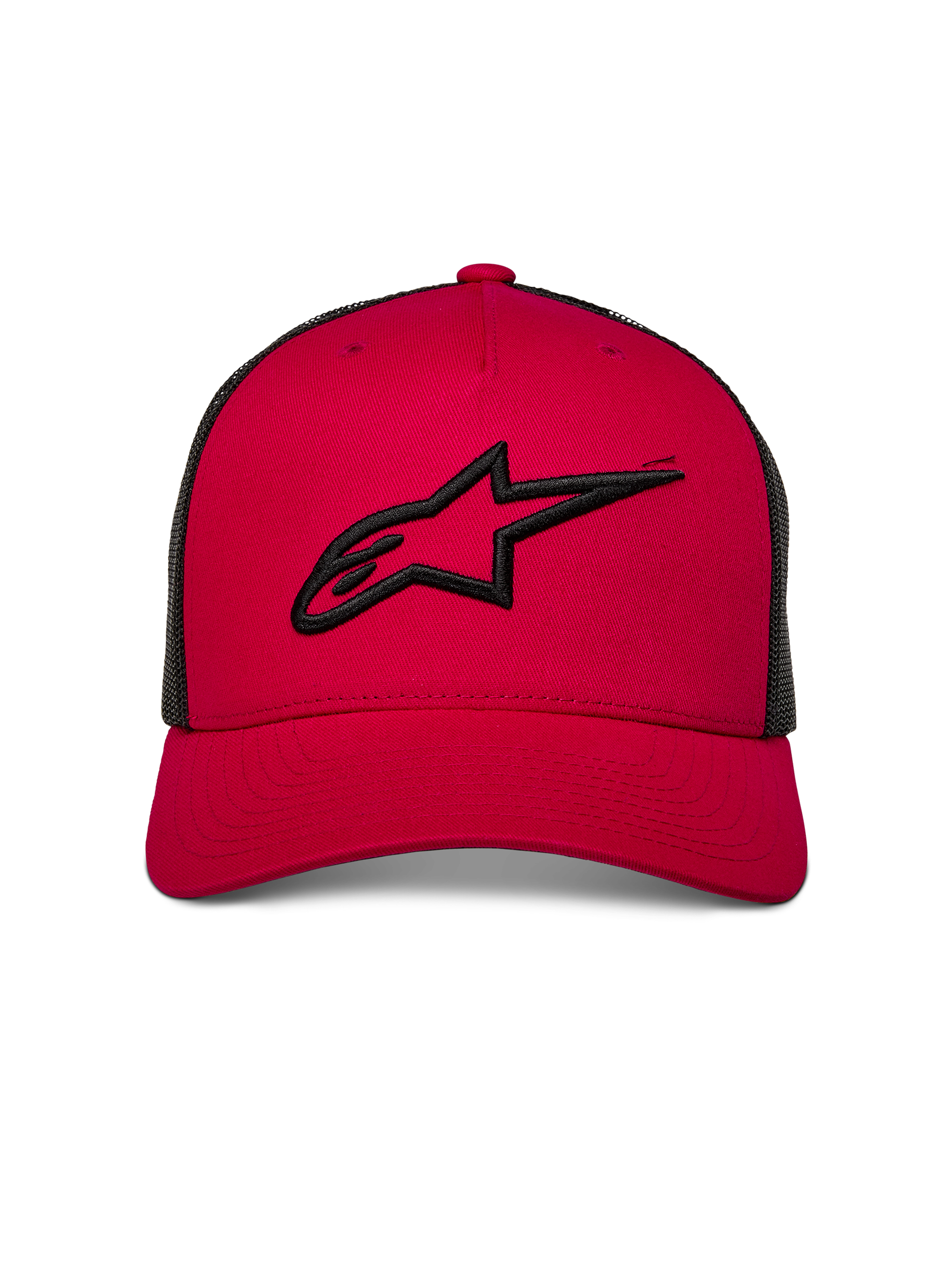 Alpinestars Ageless Trucker-Mütze, Rot mit schwarzem Mesh-Rücken, schwarzes 3D-gesticktes Astars-Logo auf der Vorderseite, gebogener Schirm, lässige, vom Motorsport inspirierte Kopfbedeckung