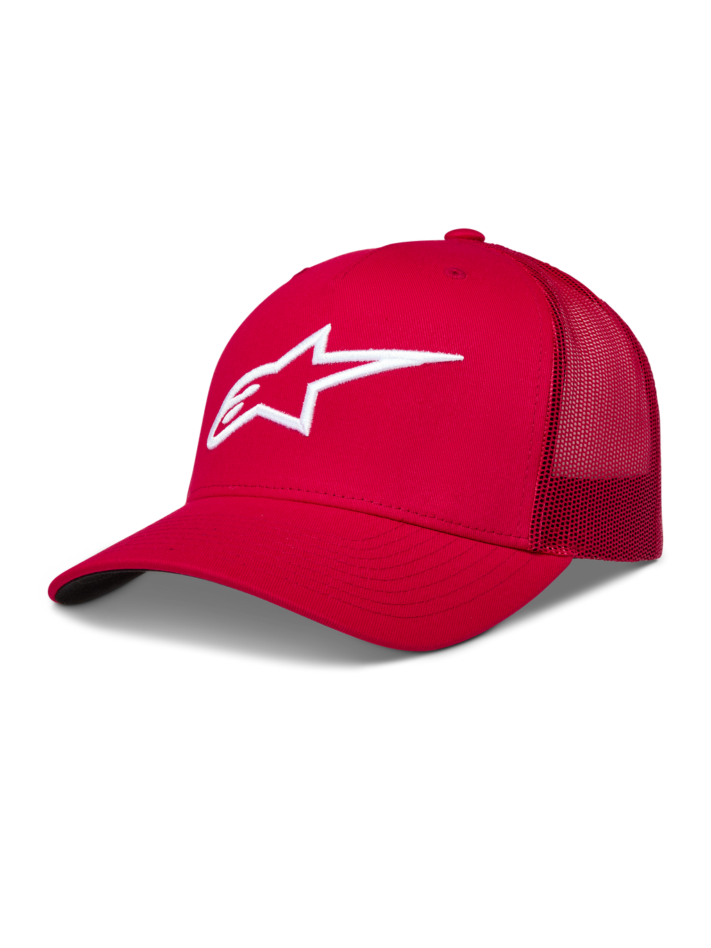 Alpinestars Ageless Snapback Hat, Red and White Sportswear Trucker Cap, features 3D embroidered logo and curved bill.