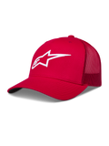 Alpinestars Ageless Snapback Hat, Red and White Sportswear Trucker Cap, features 3D embroidered logo and curved bill.