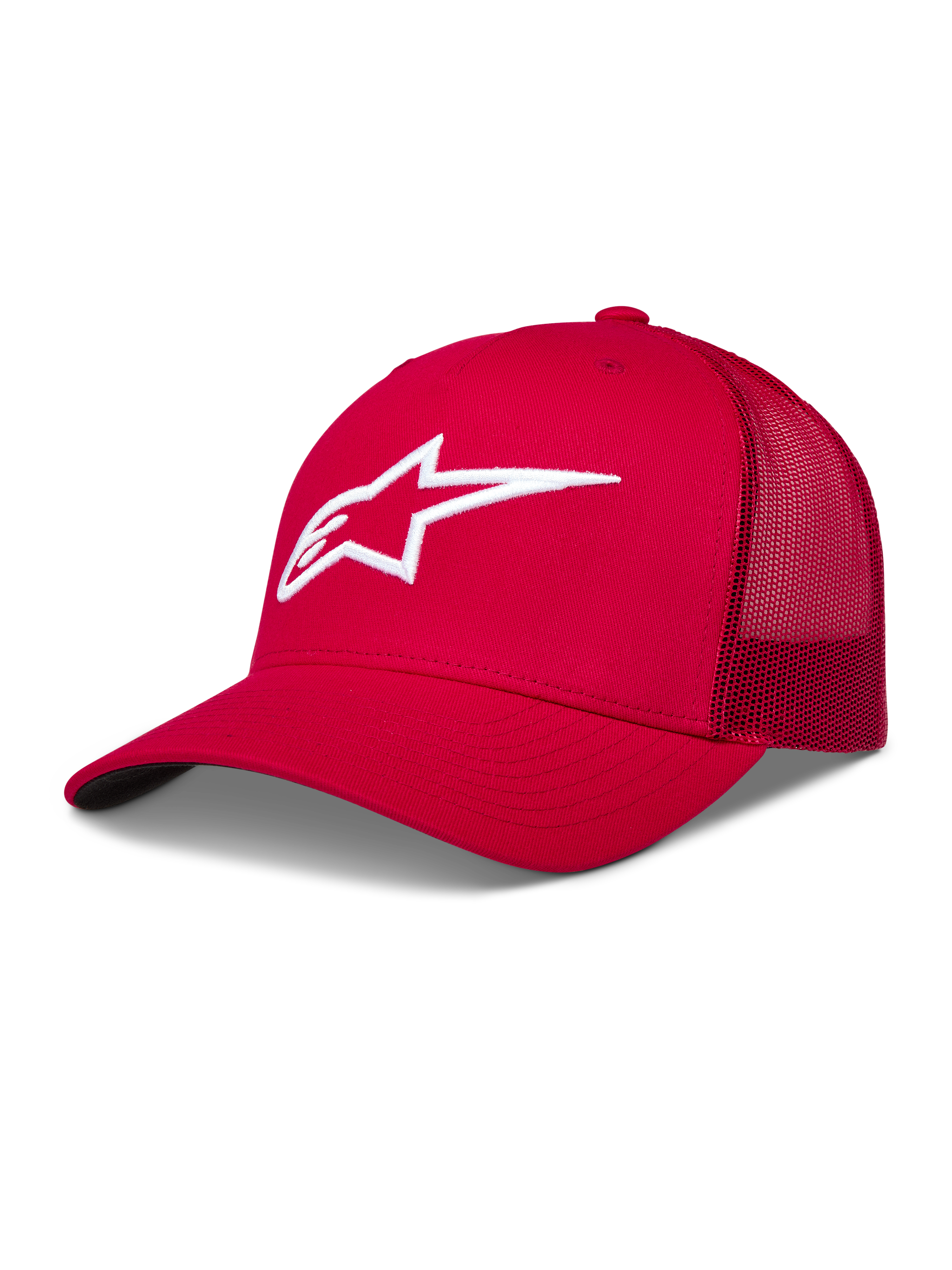 Alpinestars Ageless Snapback Hat, Red and White Sportswear Trucker Cap, features 3D embroidered logo and curved bill.