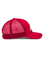 Alpinestars Ageless Snapback Hat in red, featuring a breathable mesh back, curved bill, and white logo.