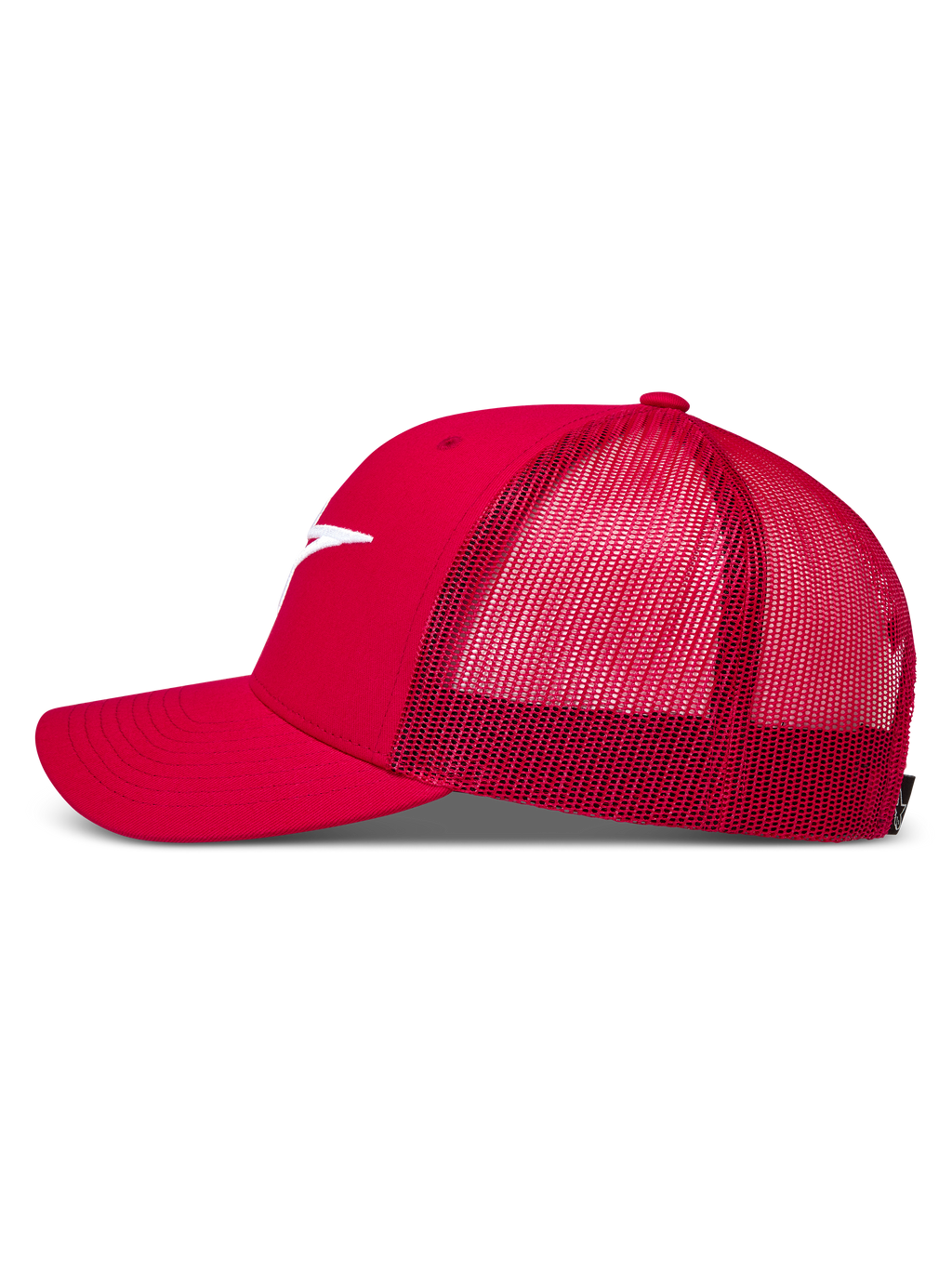 Alpinestars Ageless Trucker Hat, Red Sportswear cap with breathable mesh back, curved bill, and white logo embroidery.