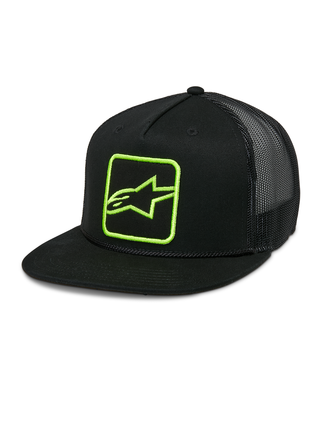 Alpinestars Control Trucker Hat, Black with Neon Green Logo, Mesh Back Snapback Cap, Flat Bill with Braided Rope Detail, Structured Front Panel with Embroidered Astars Logo, Casual Motorsport Style