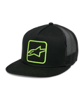 Alpinestars Control Trucker Hat, Black with Neon Green Logo, Mesh Back Snapback Cap, Flat Bill with Braided Rope Detail, Structured Front Panel with Embroidered Astars Logo, Casual Motorsport Style