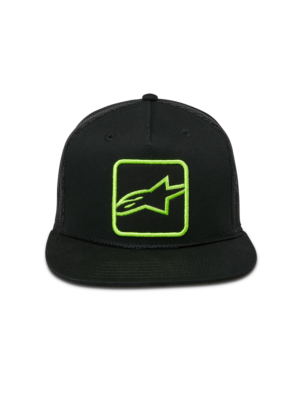 Alpinestars Control Trucker Hat, Black with Lime Green Embroidered Logo, Flat Bill with Braided Rope, Mesh Back Snapback, Casual Motorsport Streetwear
