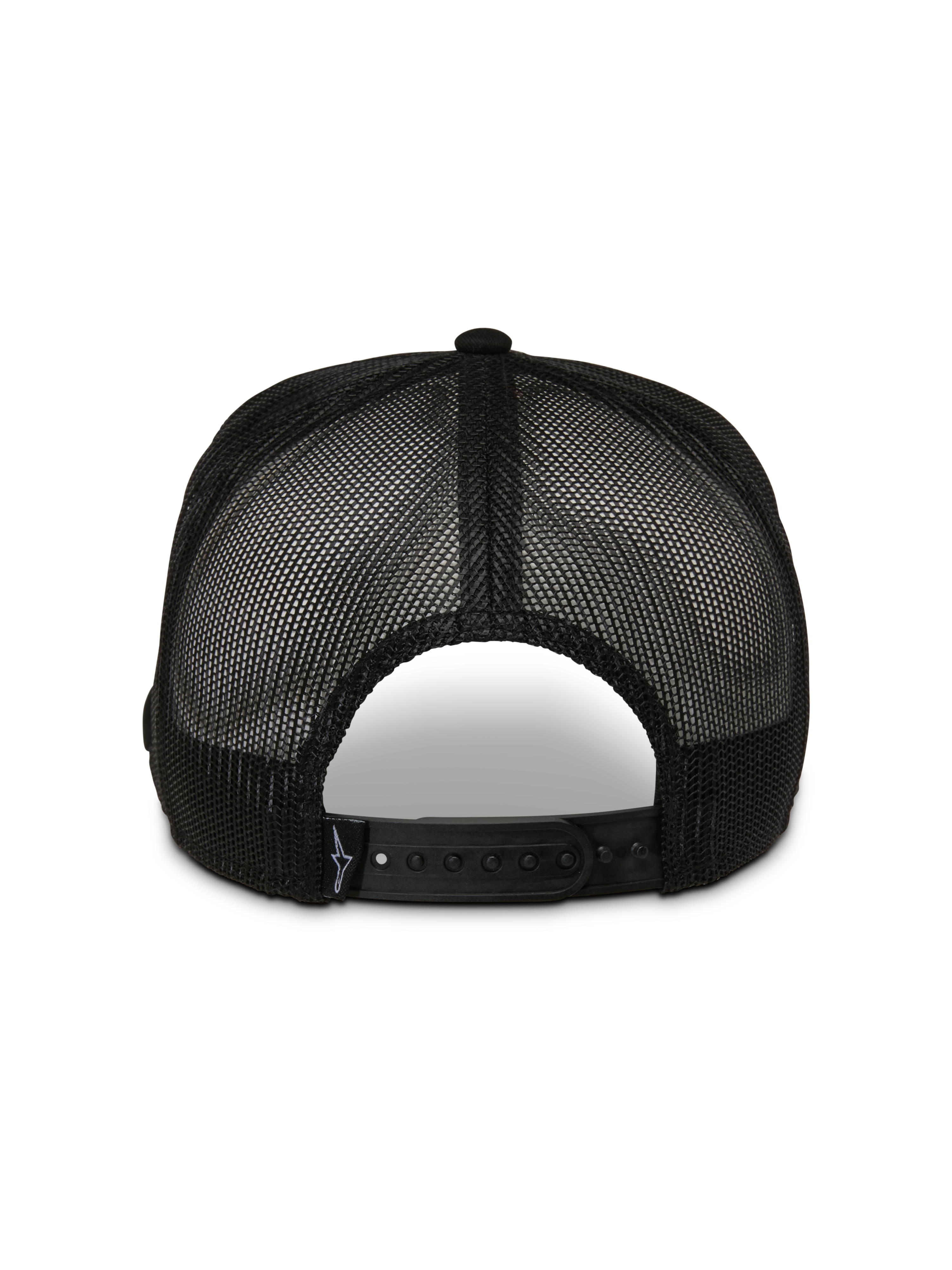 Alpinestars Control Trucker Hat, Back View, Black, featuring breathable mesh panels and an adjustable snapback closure, casual motorsport headwear