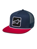 Alpinestars Control Trucker Hat, Navy Blue and Red, flat bill snapback cap with navy mesh back, featuring a front Astars logo embroidered patch and white braided rope detail, casual motorsport-inspired headwear