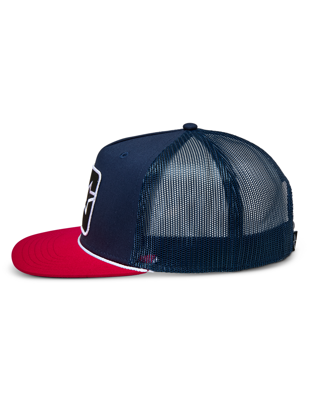 Alpinestars Control Trucker Hat, Side View, Navy Blue with Red Flat Bill, white braided rope detail, mesh back panels, casual motorsport-inspired headwear
