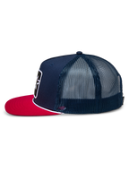 Alpinestars Control Trucker Hat, Side View, Navy Blue with Red Flat Bill, white braided rope detail, mesh back panels, casual motorsport-inspired headwear