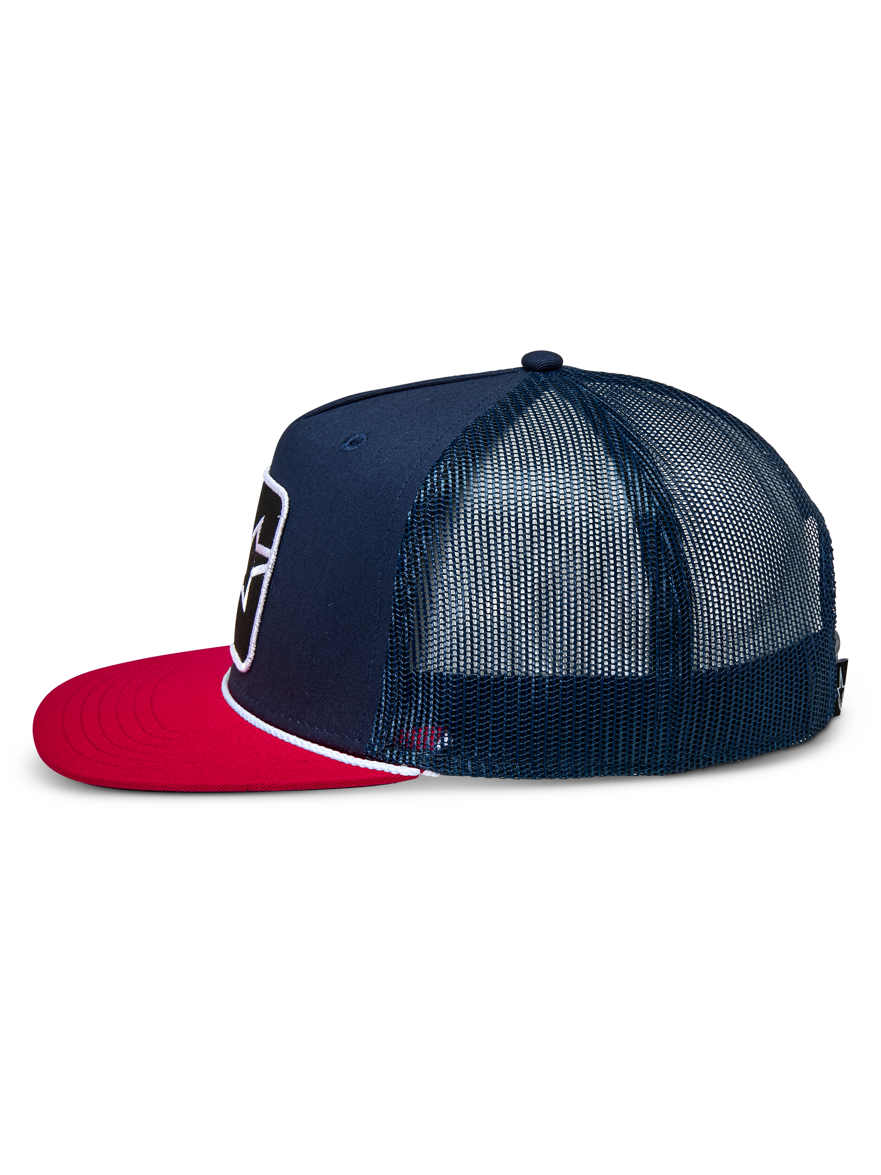 Alpinestars Control Trucker Hat, Side View, Navy Blue with Red Flat Bill, white braided rope detail, mesh back panels, casual motorsport-inspired headwear