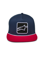 Alpinestars Control Trucker Hat, Navy and Red, structured crown with flat bill, front Astars logo patch with white braided rope detail, mesh back, casual motorsport headwear