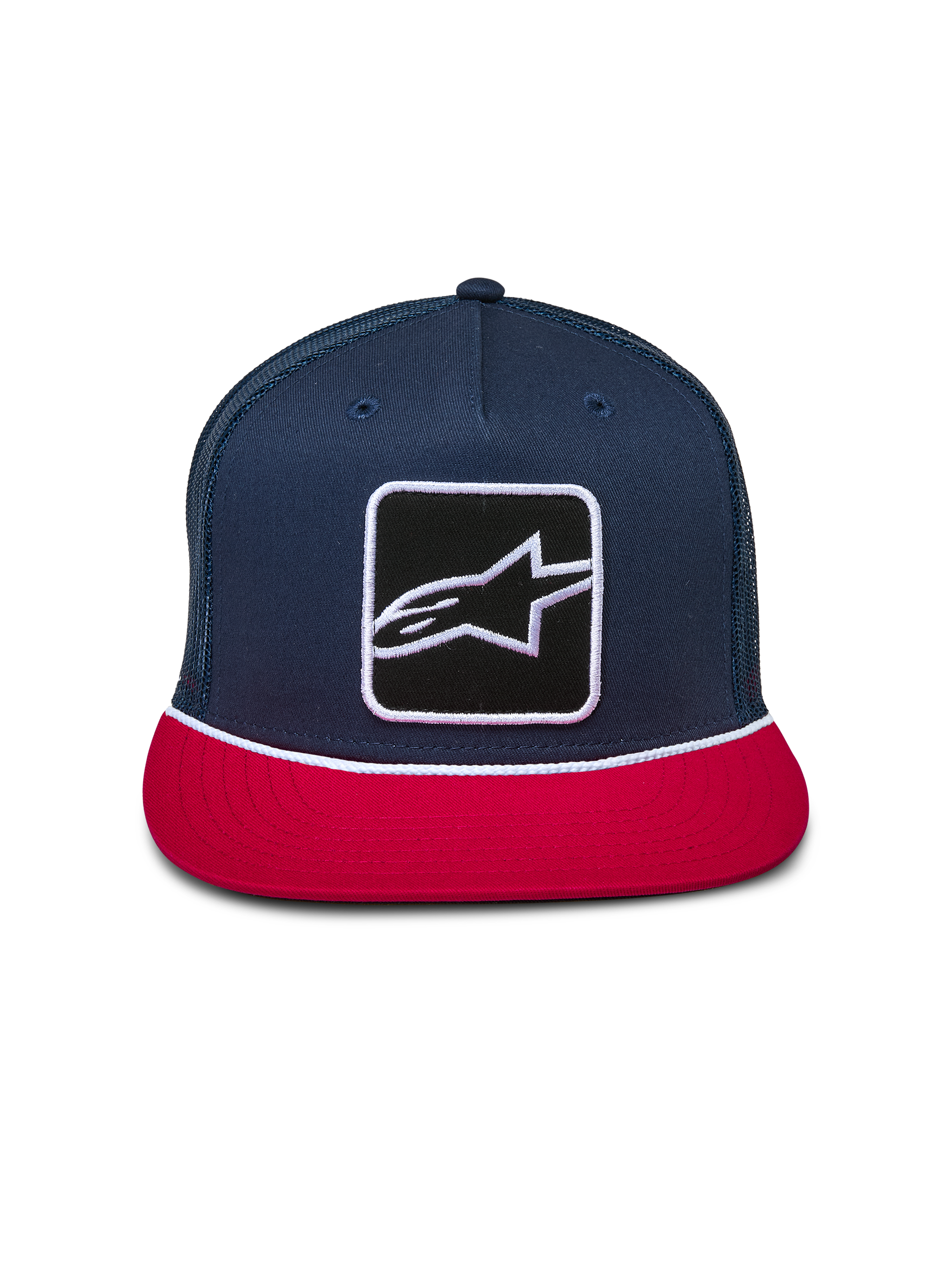 Alpinestars Control Trucker Hat, Navy and Red, structured crown with flat bill, front Astars logo patch with white braided rope detail, mesh back, casual motorsport headwear