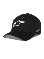 Alpinestars Ageless Multi Hat, schwarze Baseball-Kappe, mit großem weißem 3D-Stern-Logo auf der Vorderseite und einem kleinen gestickten Logo an der Seite, gebogener Schirm, strukturierte Krone, lässige, vom Motorsport inspirierte Kopfbedeckung