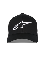 Alpinestars Ageless Multi Kappe, schwarze Baseball-Cap, Vorderansicht, weißes 3D-Astars-Logo, gebogener Schirm, strukturierte Krone, lässige Sportbekleidung