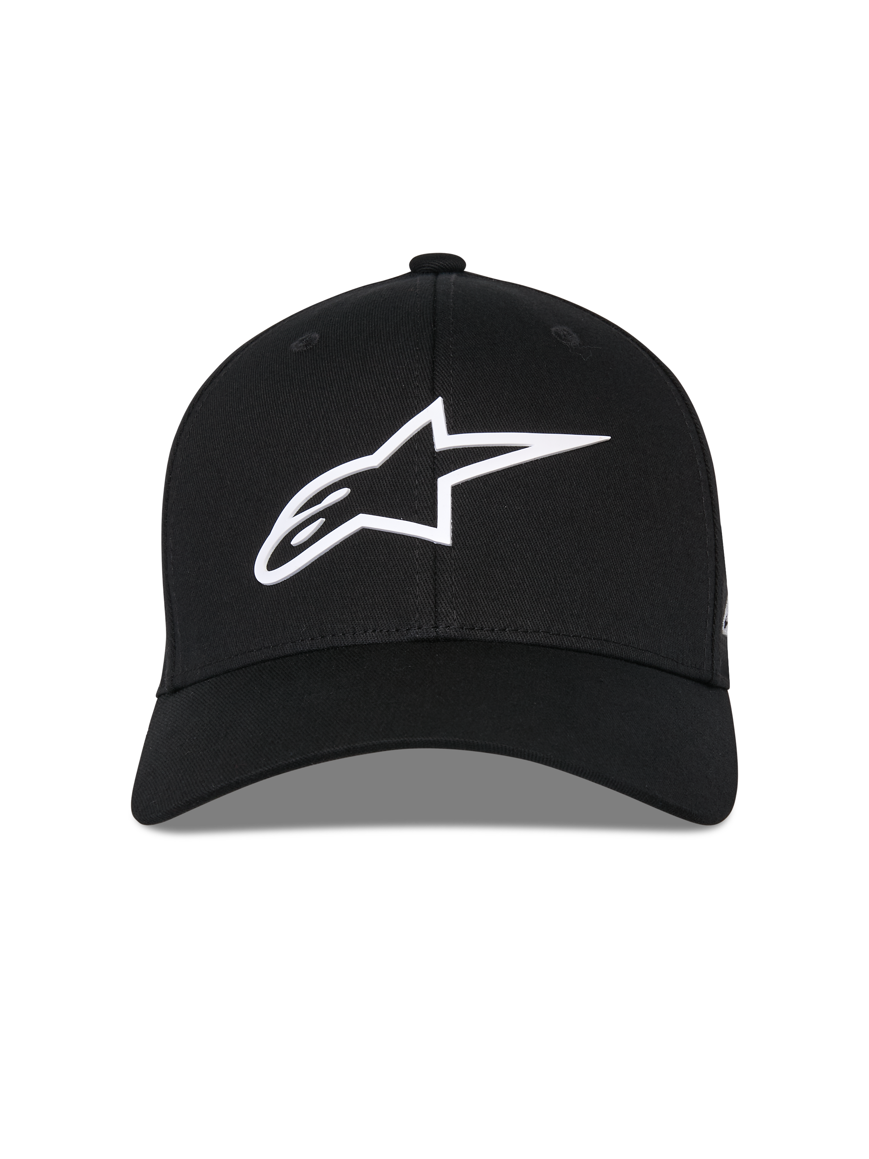 Alpinestars Ageless Multi Kappe, schwarze Baseball-Cap, Vorderansicht, weißes 3D-Astars-Logo, gebogener Schirm, strukturierte Krone, lässige Sportbekleidung