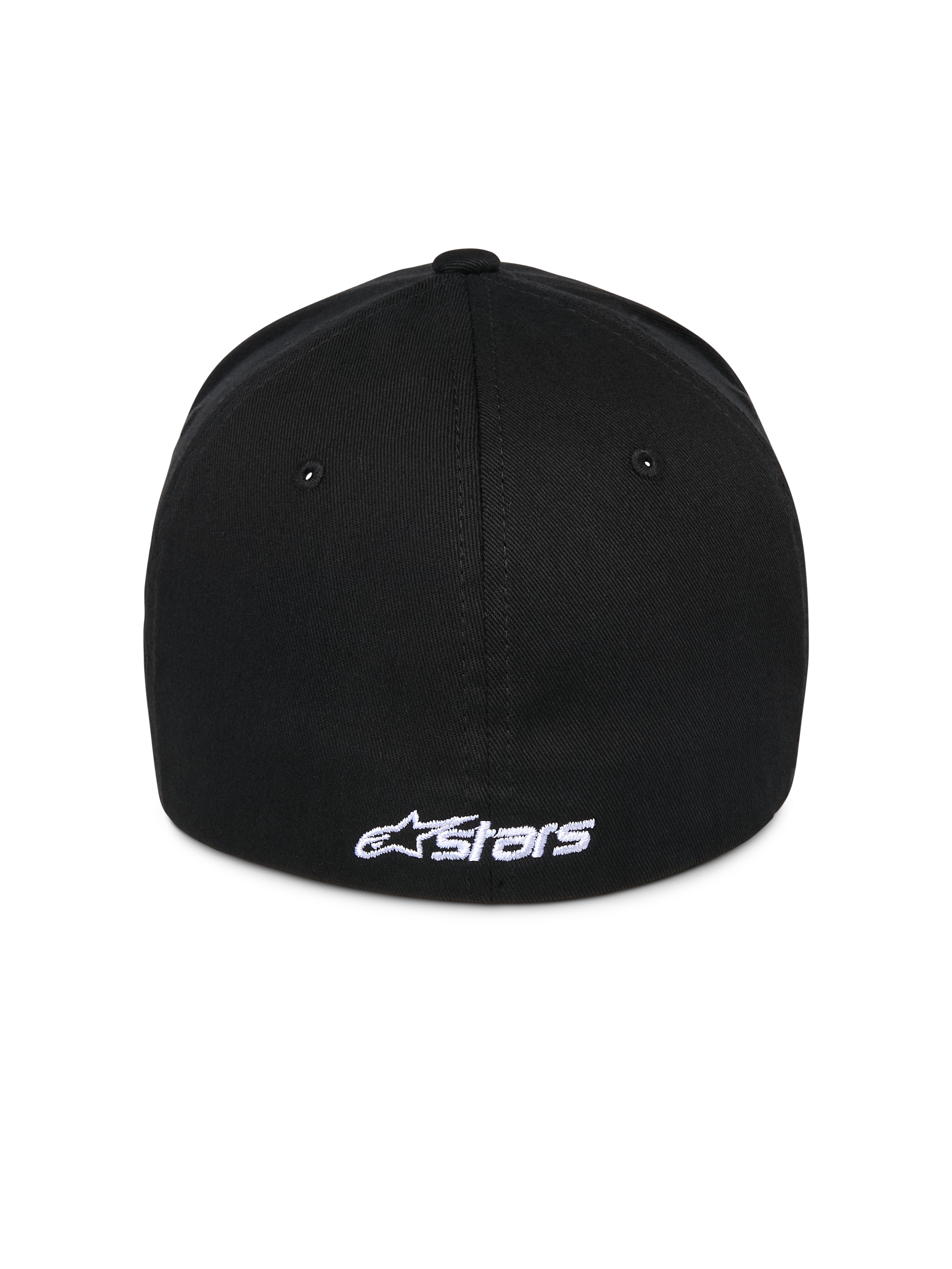 Alpinestars Ageless Multi Hat, schwarze Baseball-Cap, Rückansicht mit weiß besticktem Astars-Logo, Flex-Rückseite, lässiger Sportswear-Stil