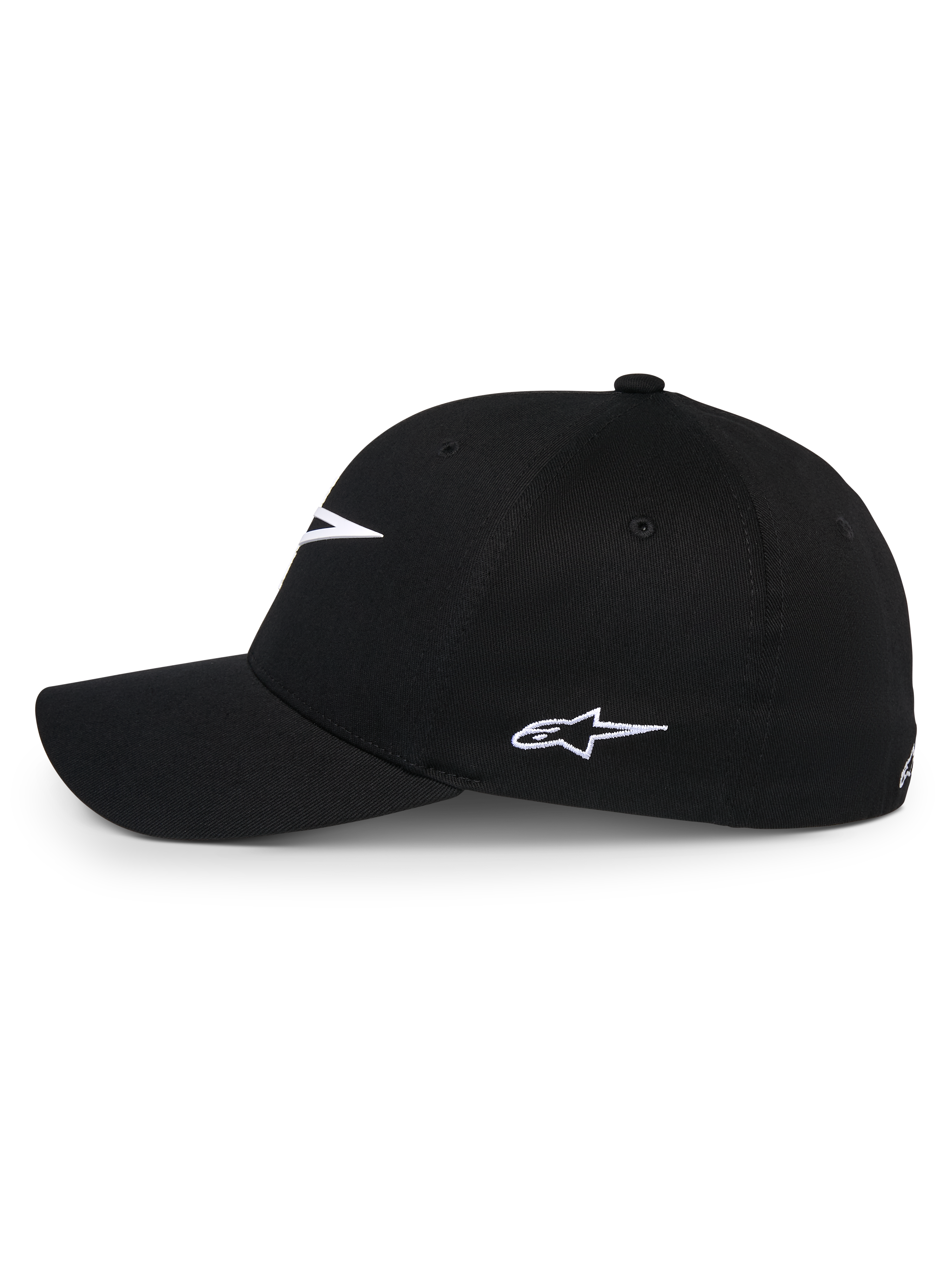 Alpinestars Ageless Multi Kappe, schwarze Baseball-Kappe, Seitenansicht mit weißem gesticktem Astars-Logo, gebogener Schirm und strukturierte Krone, lässige Sportbekleidung