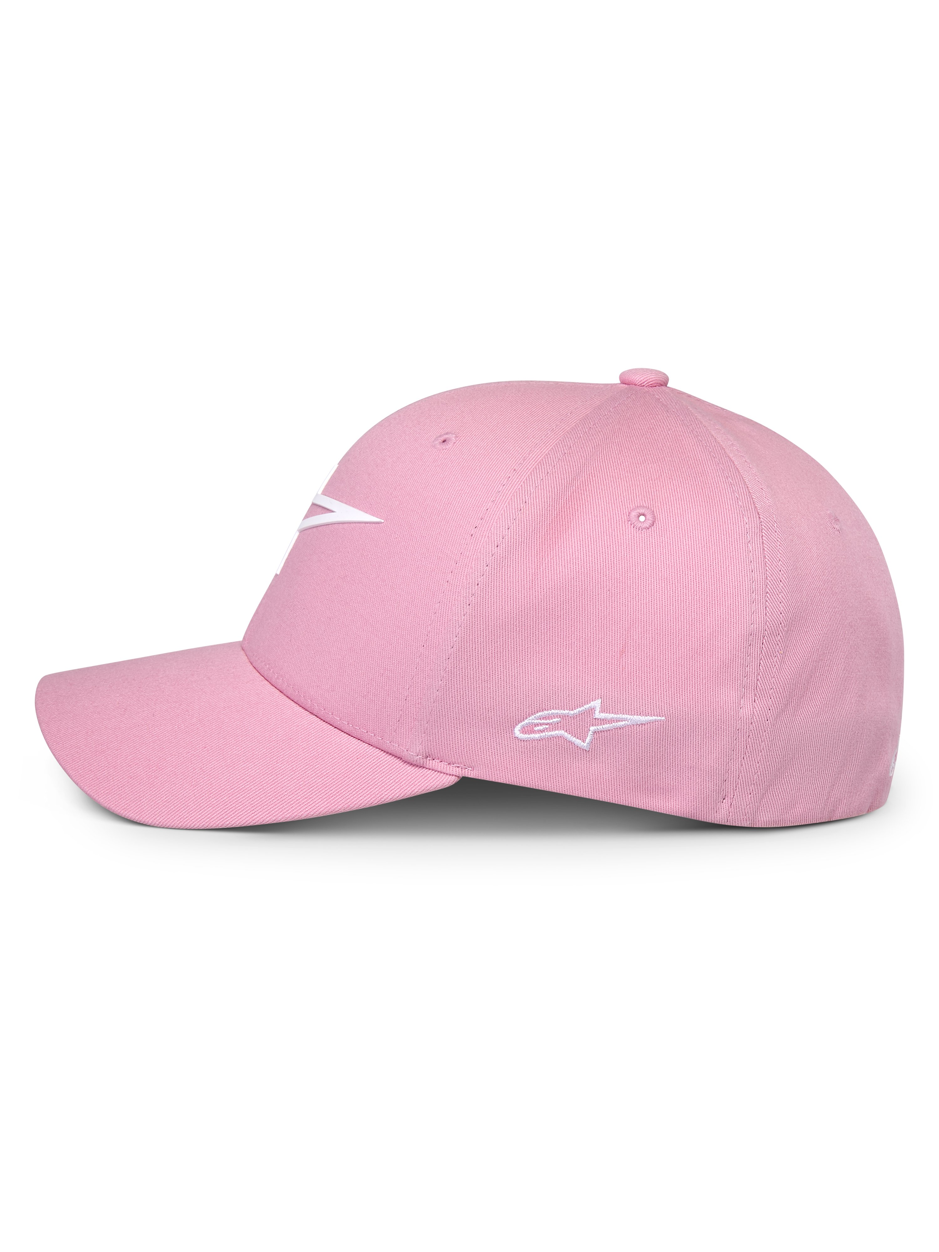 Alpinestars Ageless Multi Mütze, Pink, Seitenansicht, mit weißem 3D-Druck-Logo vorne und gesticktem Logo an der Seite, strukturierte Krone mit gebogenem Schirm, lässige vom Motorsport inspirierte Kopfbedeckung