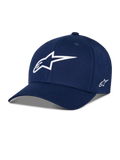 Alpinestars Ageless Multi Hat, dunkelblaue Baseball-Cap, weißes 3D-Stern-Logo auf der Vorderseite, besticktes Seitenlogo, gebogener Schirm, lässige Sportswear-Lifestyle-Kopfbedeckung