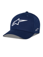 Alpinestars Ageless Multi Hat, dunkelblaue Baseball-Cap, weißes 3D-Stern-Logo auf der Vorderseite, besticktes Seitenlogo, gebogener Schirm, lässige Sportswear-Lifestyle-Kopfbedeckung