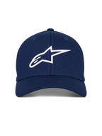 Alpinestars Ageless Multi Kappe, dunkelblaue Baseball-Kappe, weißes 3D-Astars-Logo, gebogener Schirm, strukturierte Krone, lässige Motorsport-Streetwear