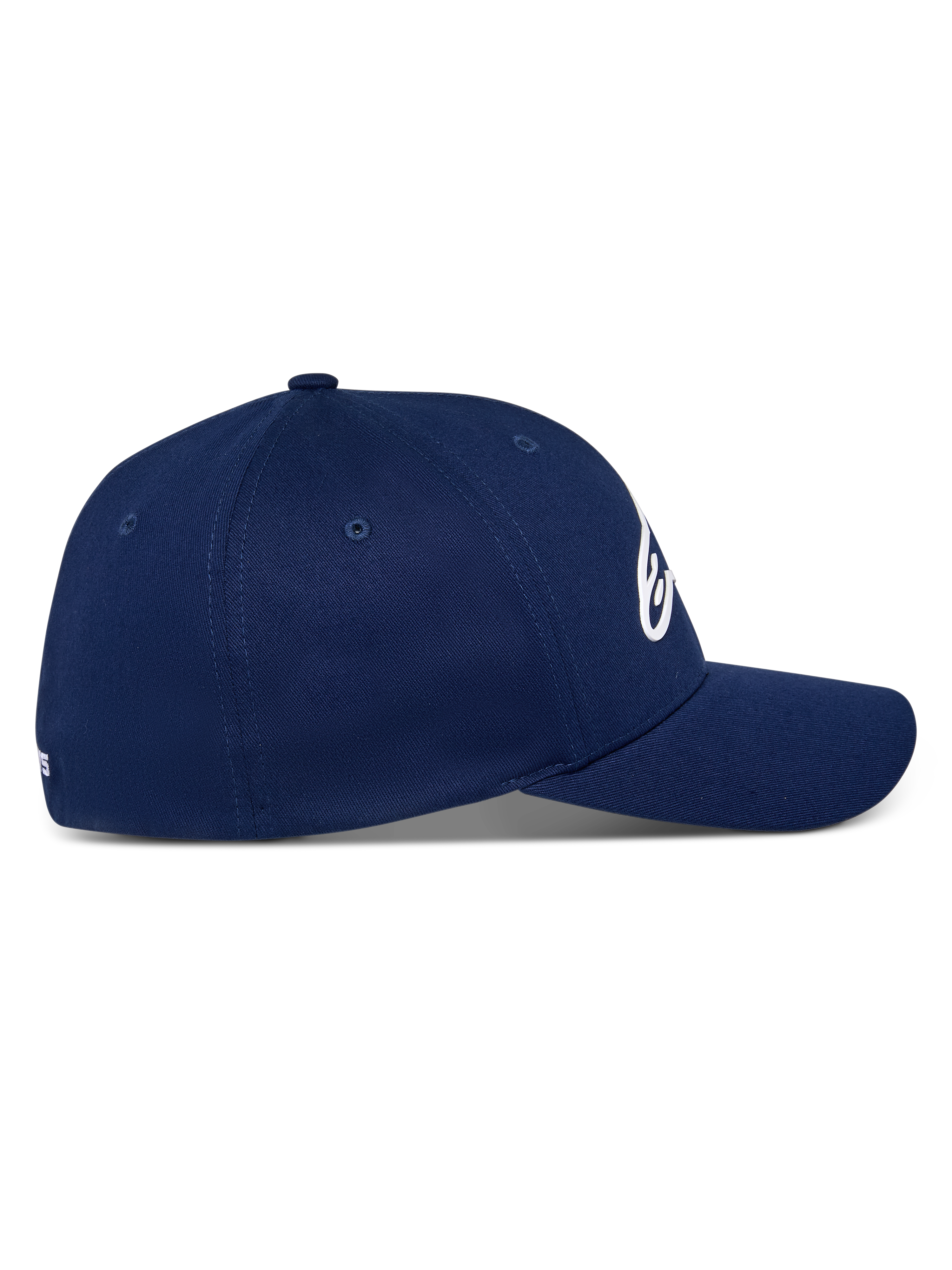 Alpinestars Ageless Multi Kappe, Marineblau, Seitenansicht einer Baseballkappe mit gebogenem Schirm, strukturierte Krone, Stretch-Twill-Gewebe, lässige vom Motorsport inspirierte Kopfbedeckung