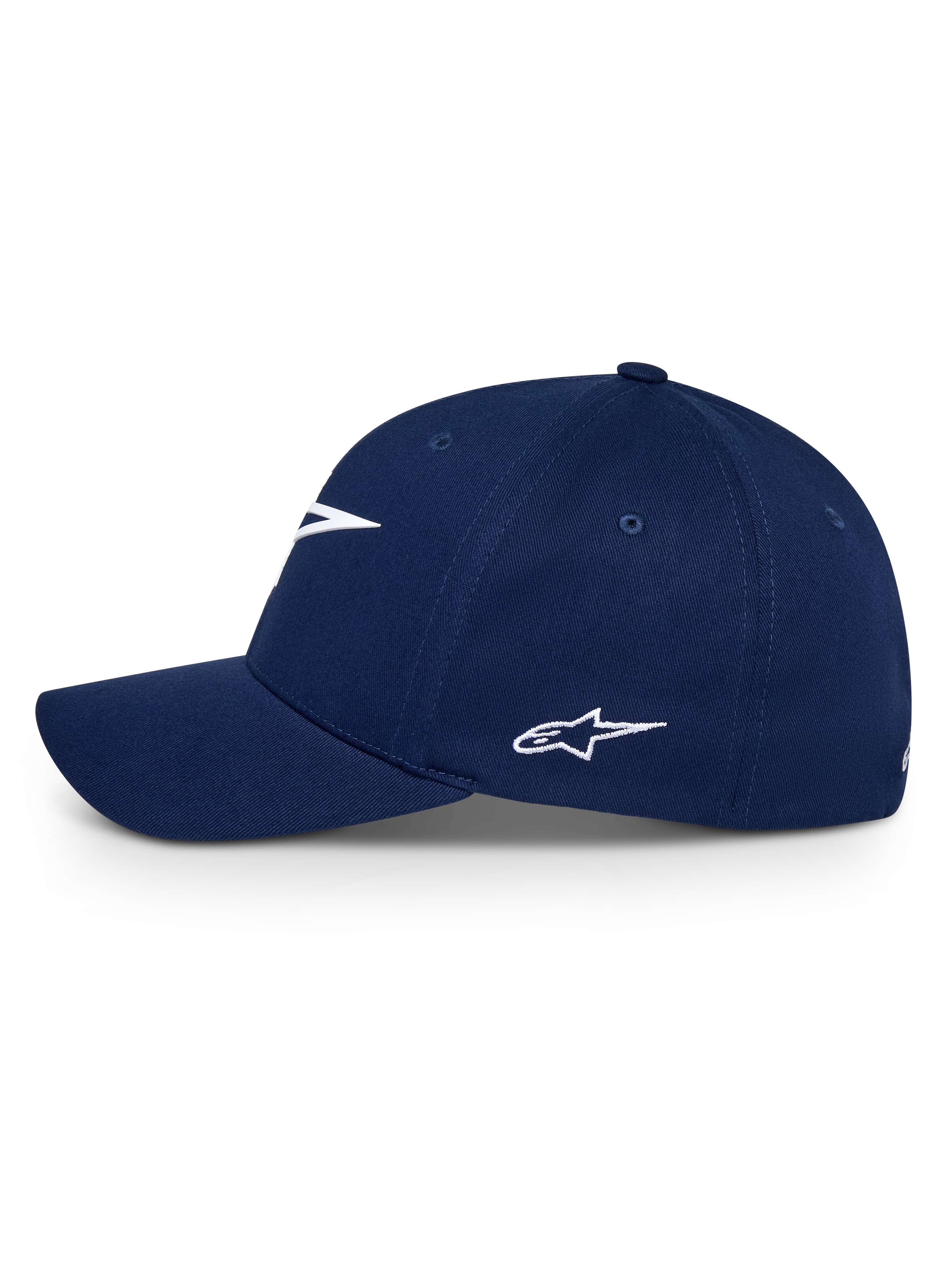 Alpinestars Ageless Multi Kappe, Navyblau, Seitenansicht einer Baseballkappe mit gebogenem Schirm und weiß besticktem Astars-Logo, lässige Sport-Kopfbedeckung